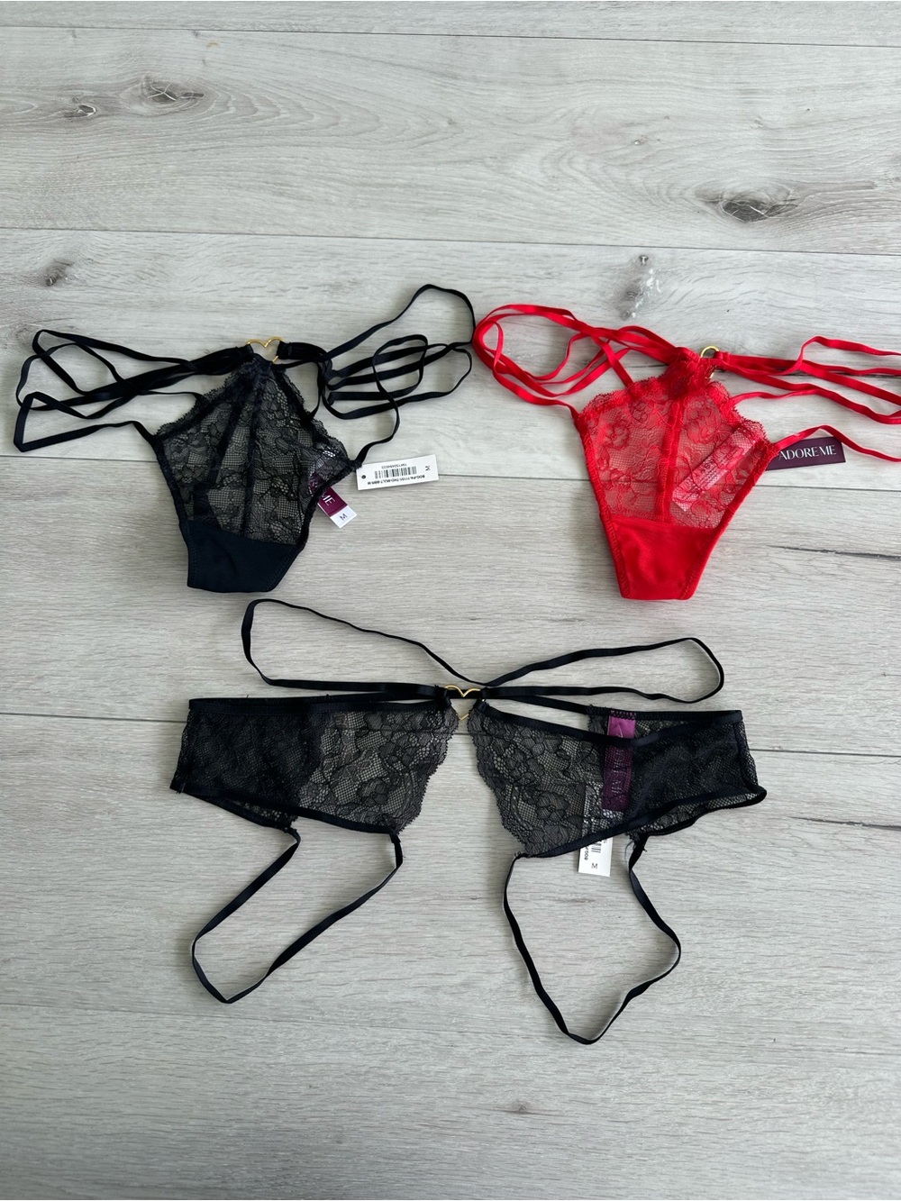 Adore Me 2 Kimberly Thong Panty and 1 Danielle Crotchless Panty Black & Red NWT